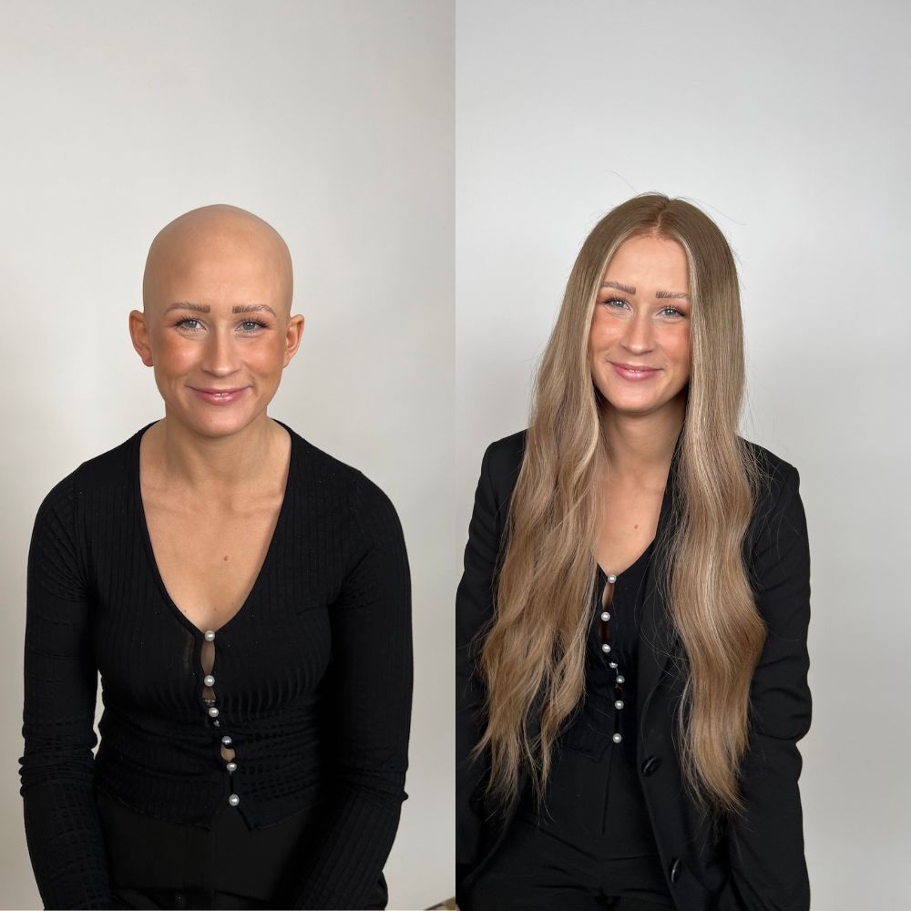 Before and after: woman without a wig next to the same woman wearing a long light brown BHBD wig.