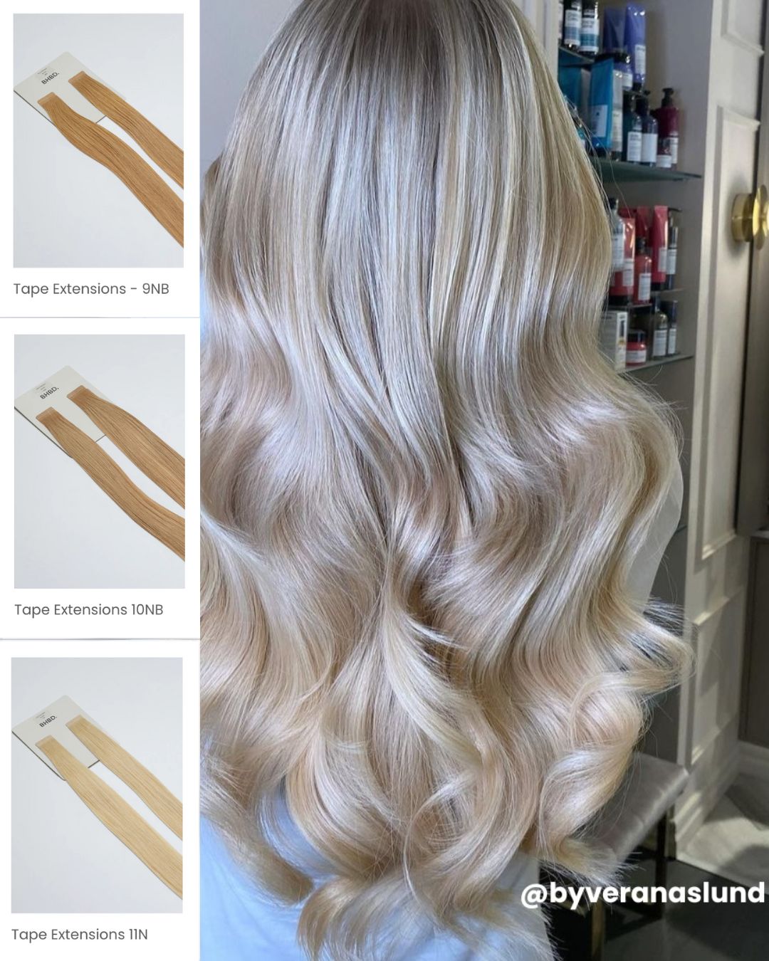 Blonde hair created with BHBD hair extensions. Tape extensions: 9NB, 10NB and 11N.